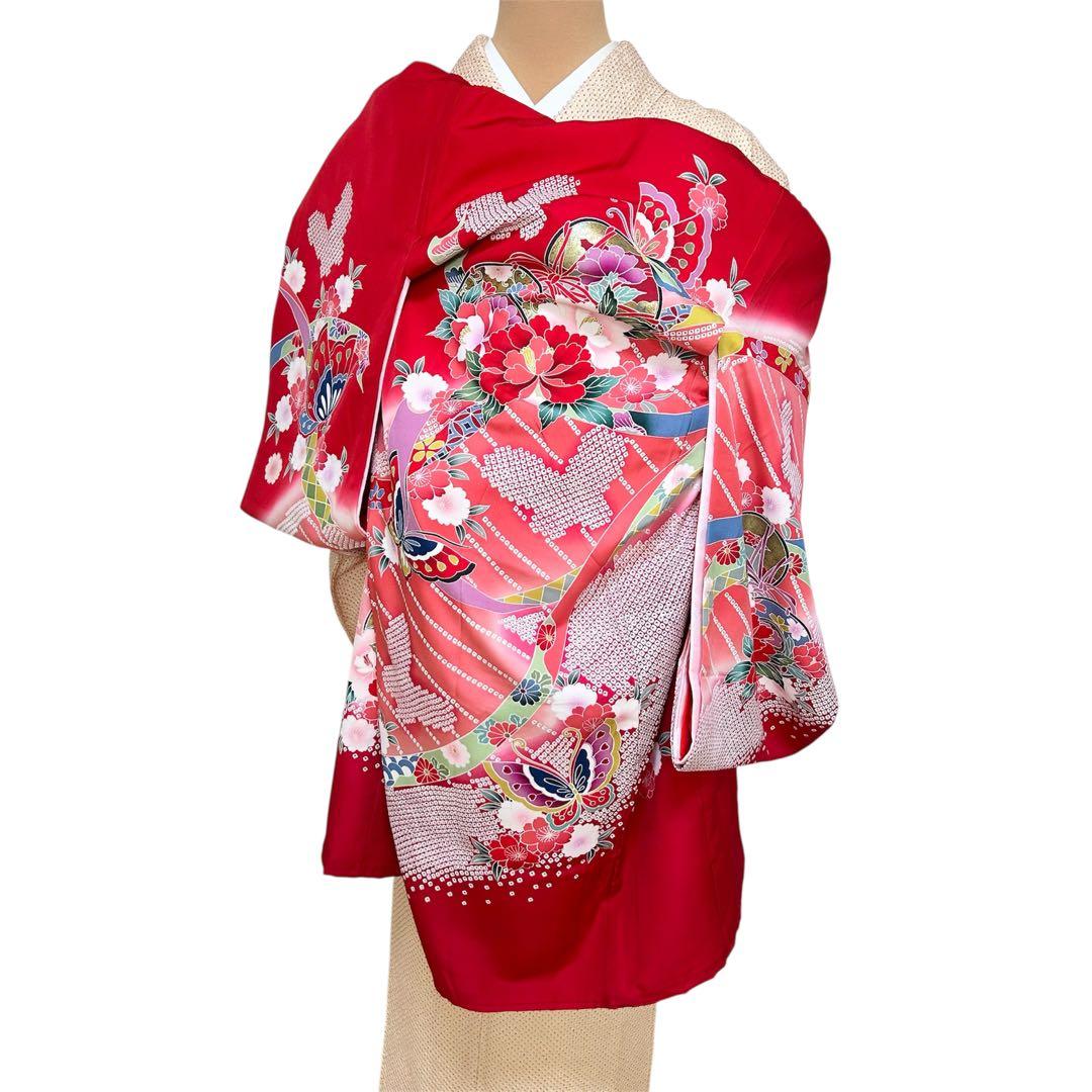 お宮参り　産着　祝着　赤　鼓　舞蝶　絞り柄　四季草花　女の子　襦袢付き