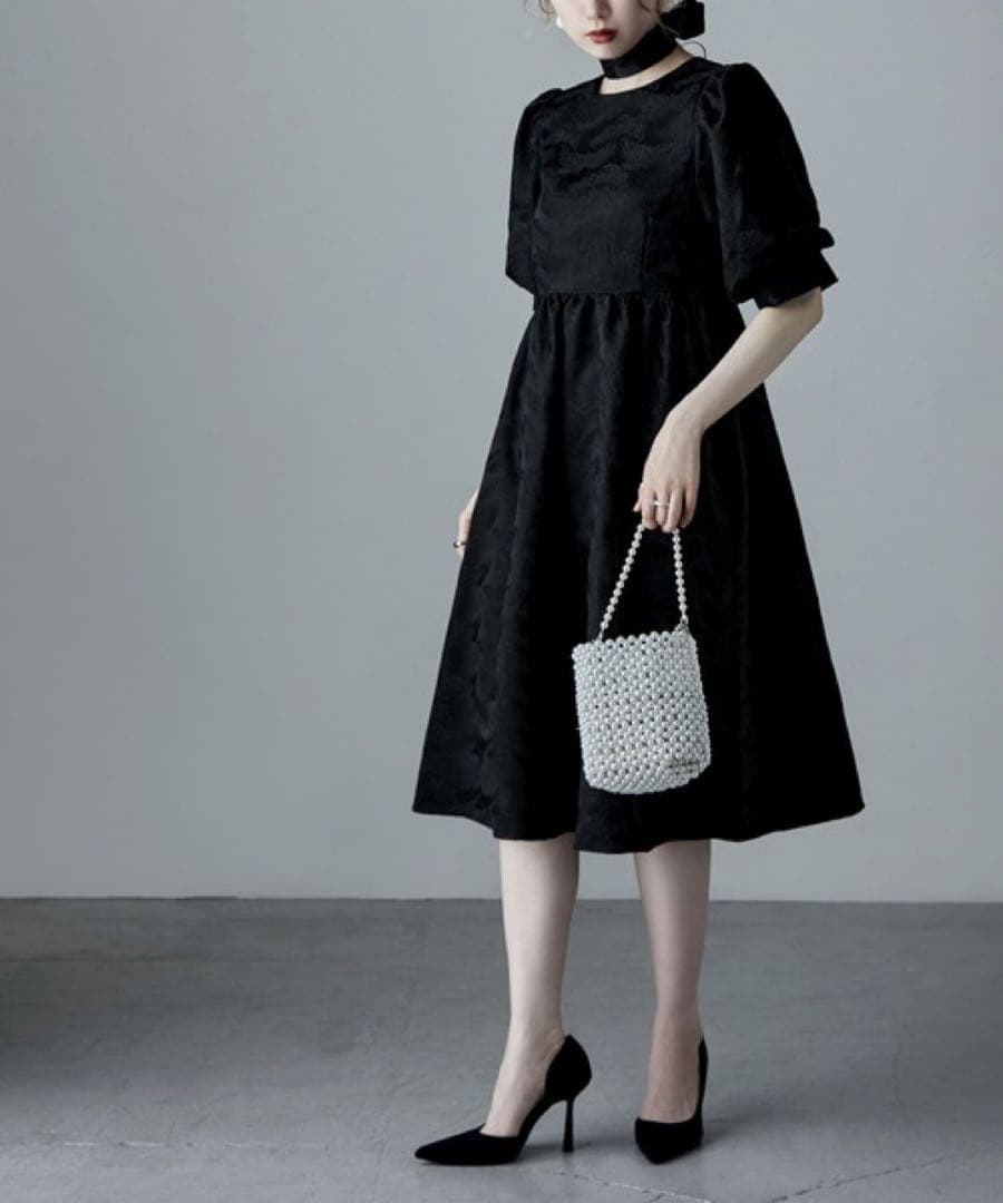 etoll. ジャガードパフスリーブドレス グリーン