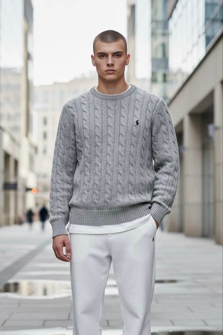美品ポロラルフローレン ケーブルニット グレーS