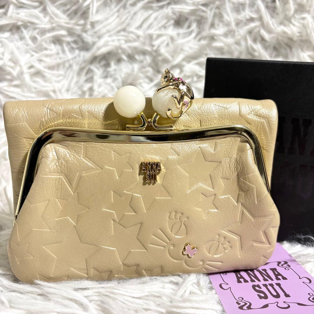 ✨極美品✨アナスイ 長財布 プレイングキャット がま口 星 型押し アイボリー