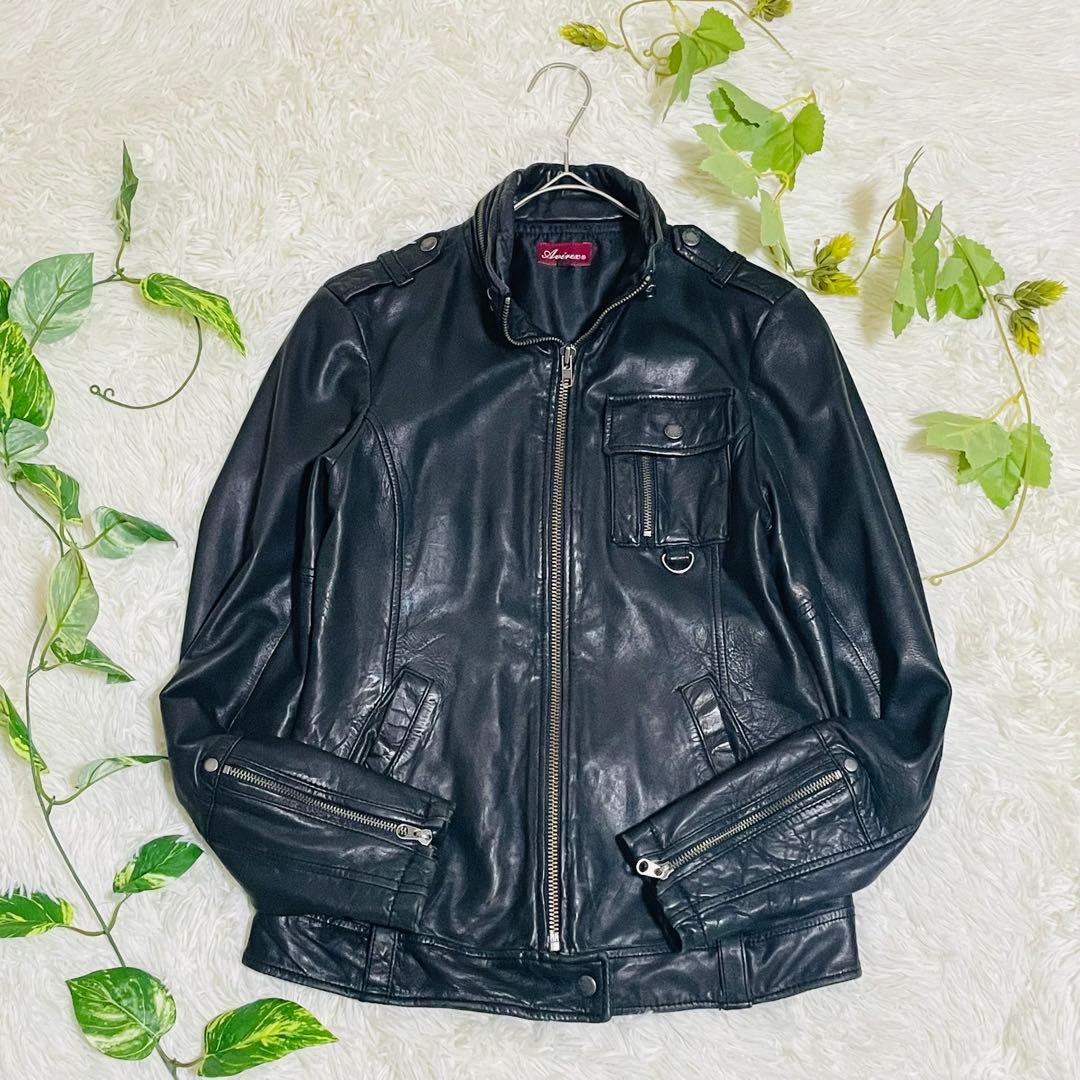 アヴィレックス　レザージャケット　シングルライダース　ラムレザー　ブラック