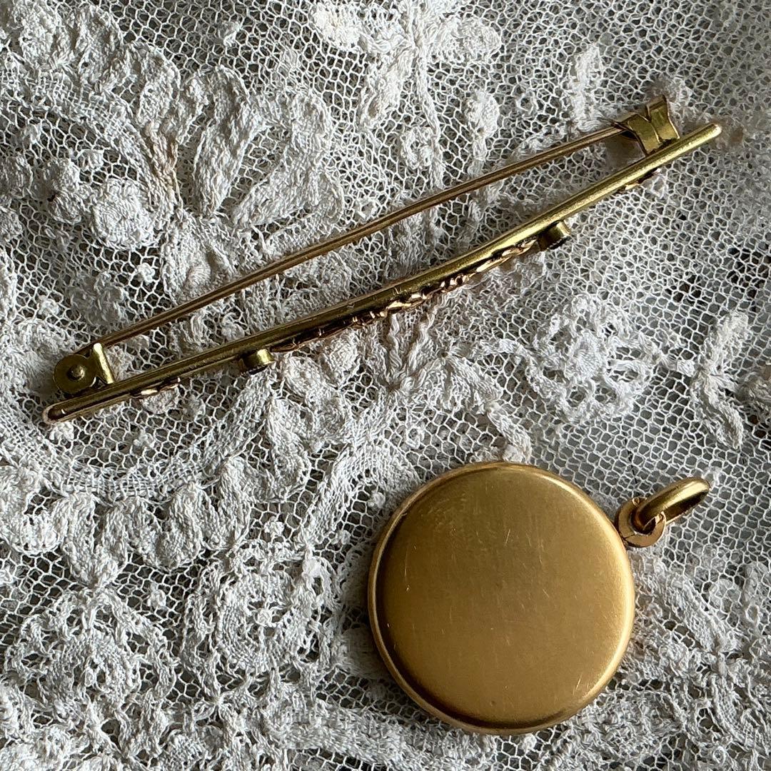 フランスアンティーク　ペンダントトップ＆ブローチ　ゴールドプレート　ビジュー