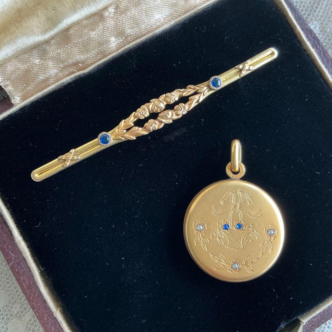 フランスアンティーク　ペンダントトップ＆ブローチ　ゴールドプレート　ビジュー