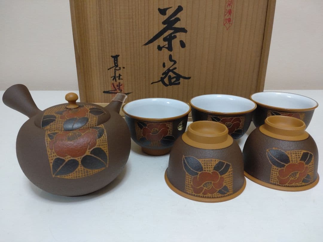 常滑焼 甚秋造 茶器揃 急須 煎茶碗五客 共箱