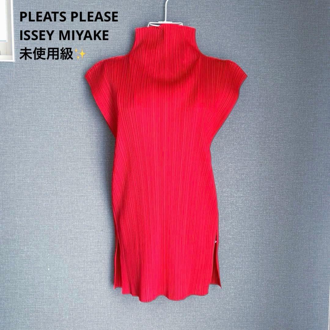 未使用級✨プリーツプリーズ 華やかハイネック 半袖チュニック スリット 朱色 ３