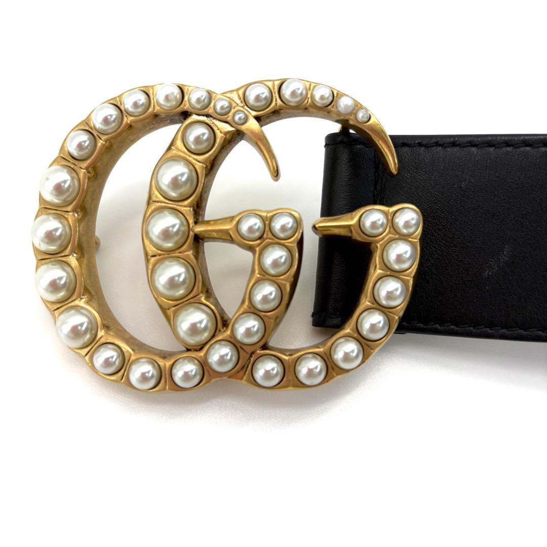 【極美品】GUCCI ベルト　GGマーモント　ビーズ　ダブルG　パール　装飾