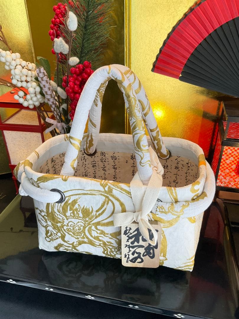 一閑張り　一閑張りバッグ　風神雷神　古文書　和紙　竹籠　籠バッグ　着物　金銀　白