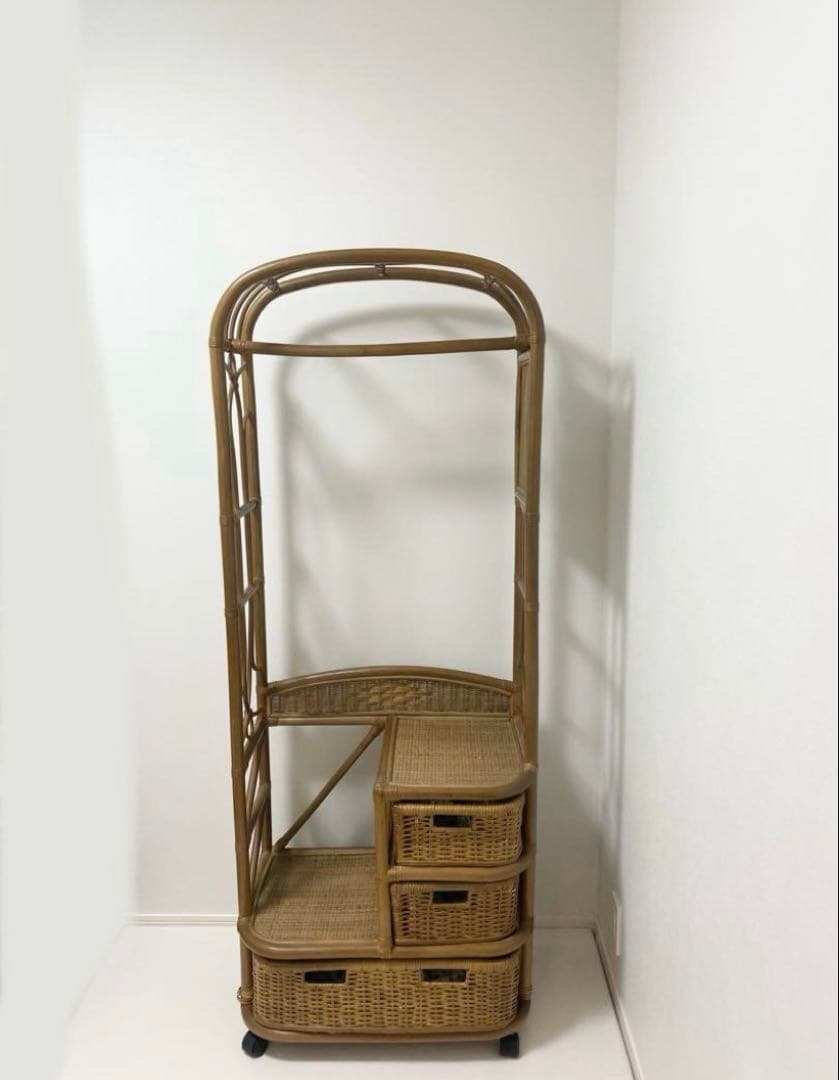 【藤・ラタン】ハンガーラック　棚　ラック　引き出し　収納　籐家具　アンティーク