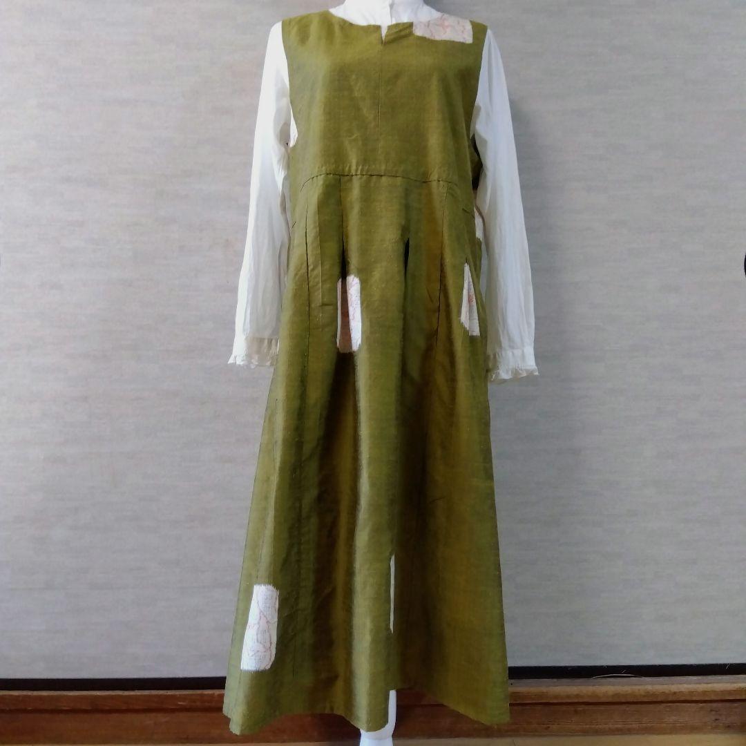 2026J010 　着物リメイク　辛子色の十日町紬　ジャンパースカート