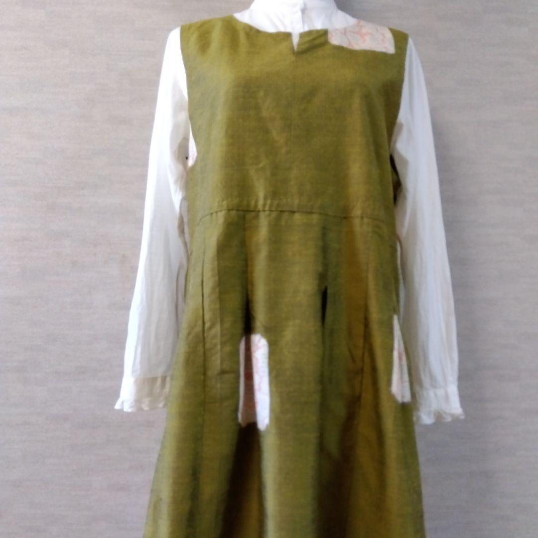 2026J010 　着物リメイク　辛子色の十日町紬　ジャンパースカート
