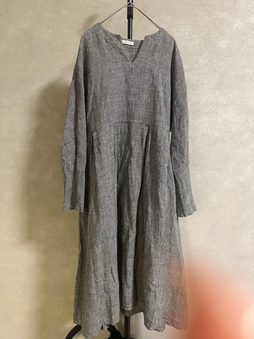 美品 fog linen work リネン千鳥ロングワンピース