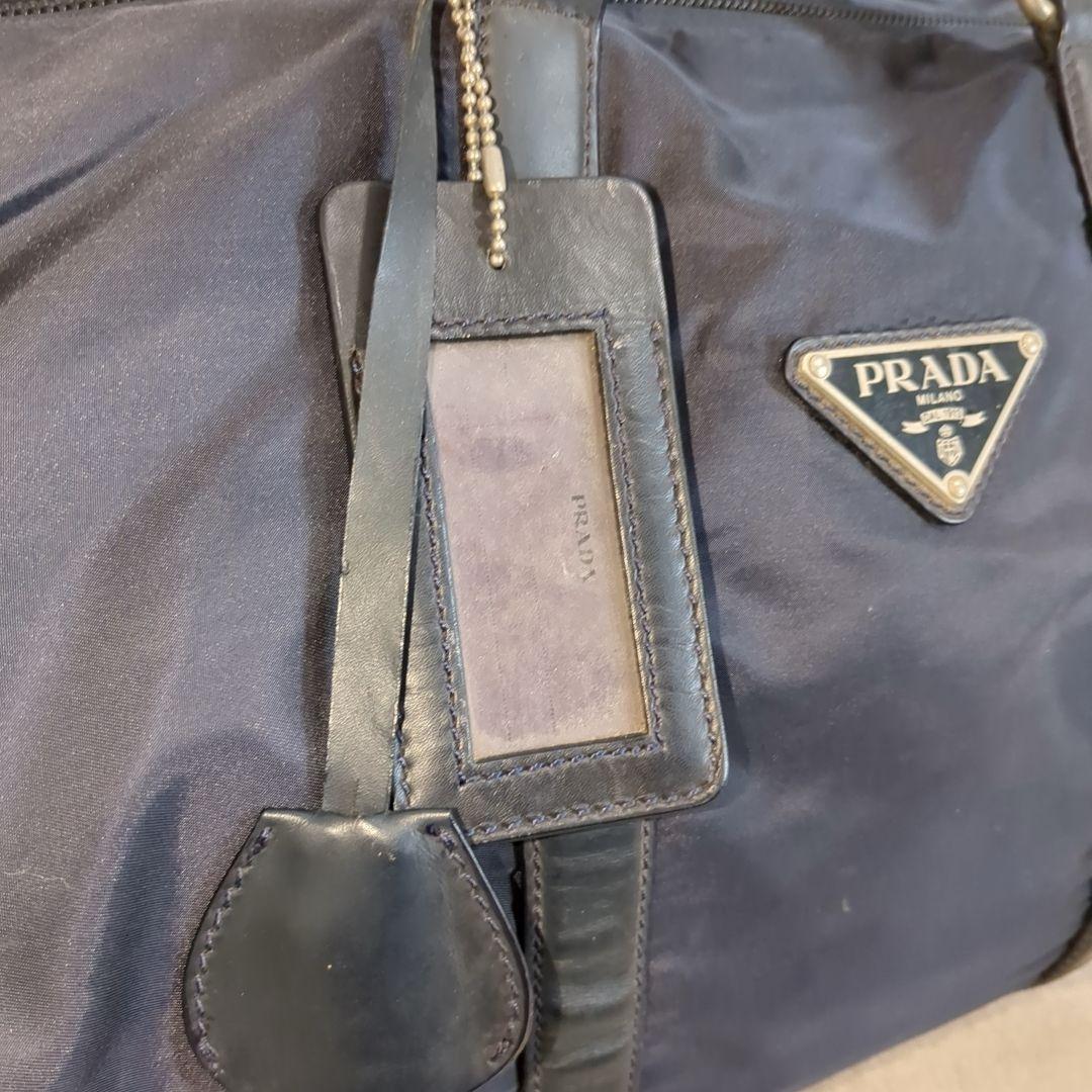 プラダ ボストンバッグ 三角ロゴ 希少色 ネイビー レザーハンドル 大容量