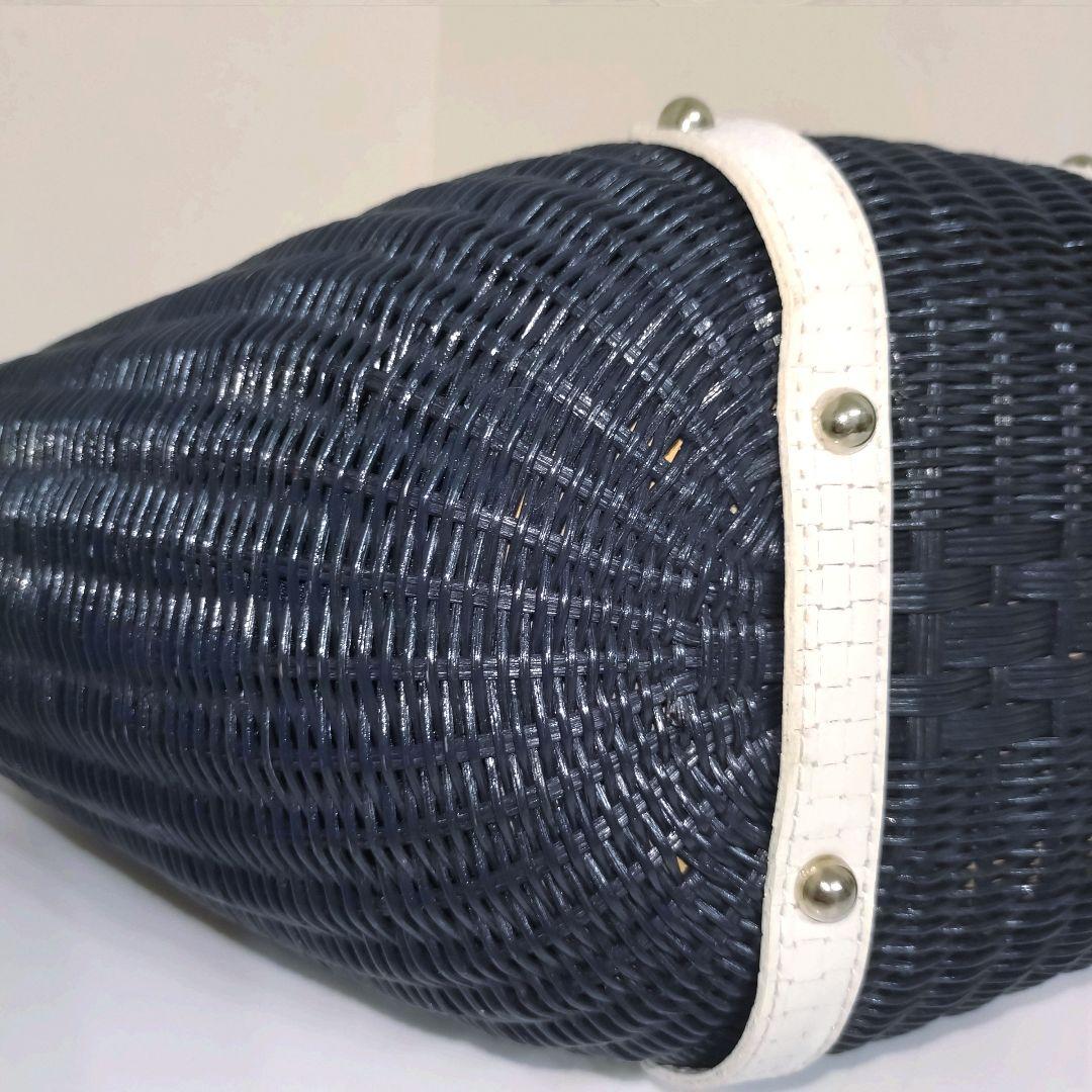 ✨美品✨銀座かねまつ　ラタン かごバック　ネイビー × ホワイト