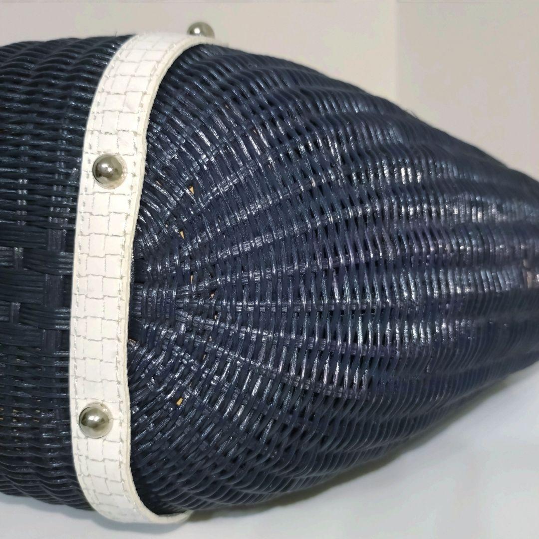 ✨美品✨銀座かねまつ　ラタン かごバック　ネイビー × ホワイト