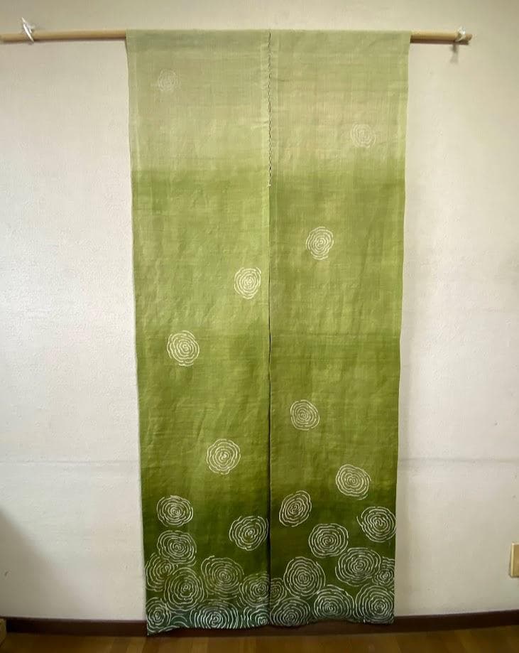筒描き手染め暖簾【渦潮】麻のれん　巾80×181cm　本染　一点物　アンティーク
