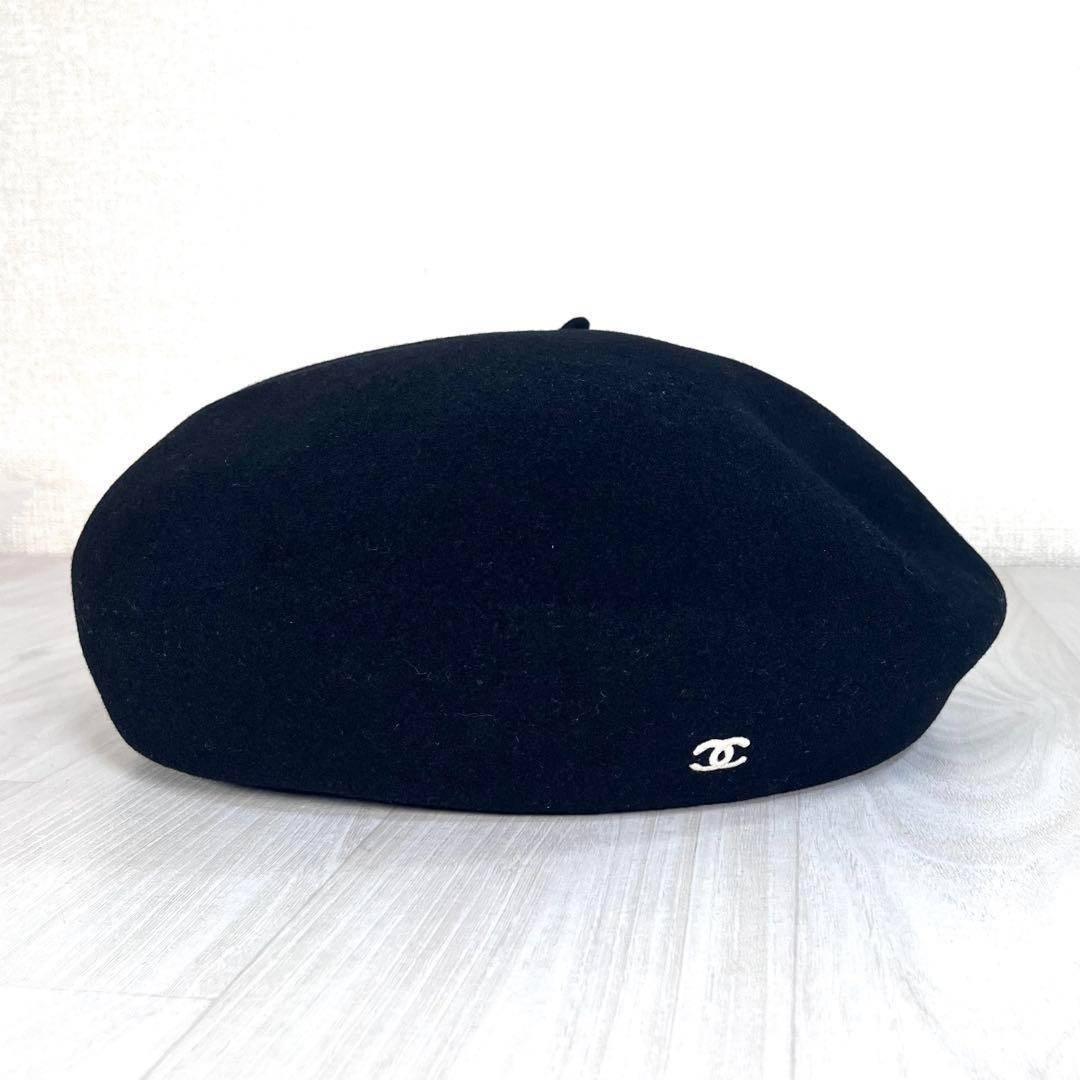 【美品】CHANEL/シャネル　ベレー帽　ココマーク刺繍　ウール　59相当　黒