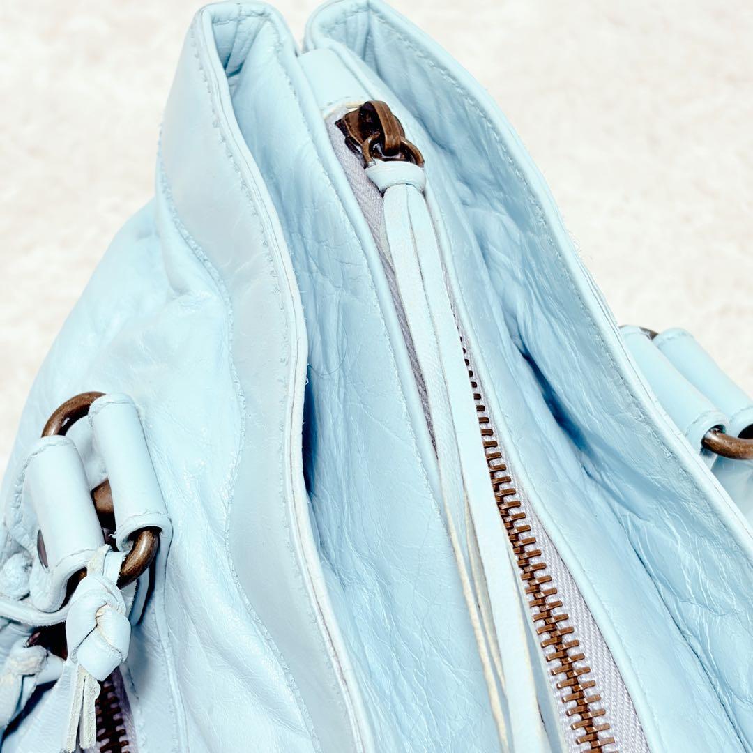 BALENCIAGA クラシックシティ ライトブルー レザー ハンドバッグ 鏡付