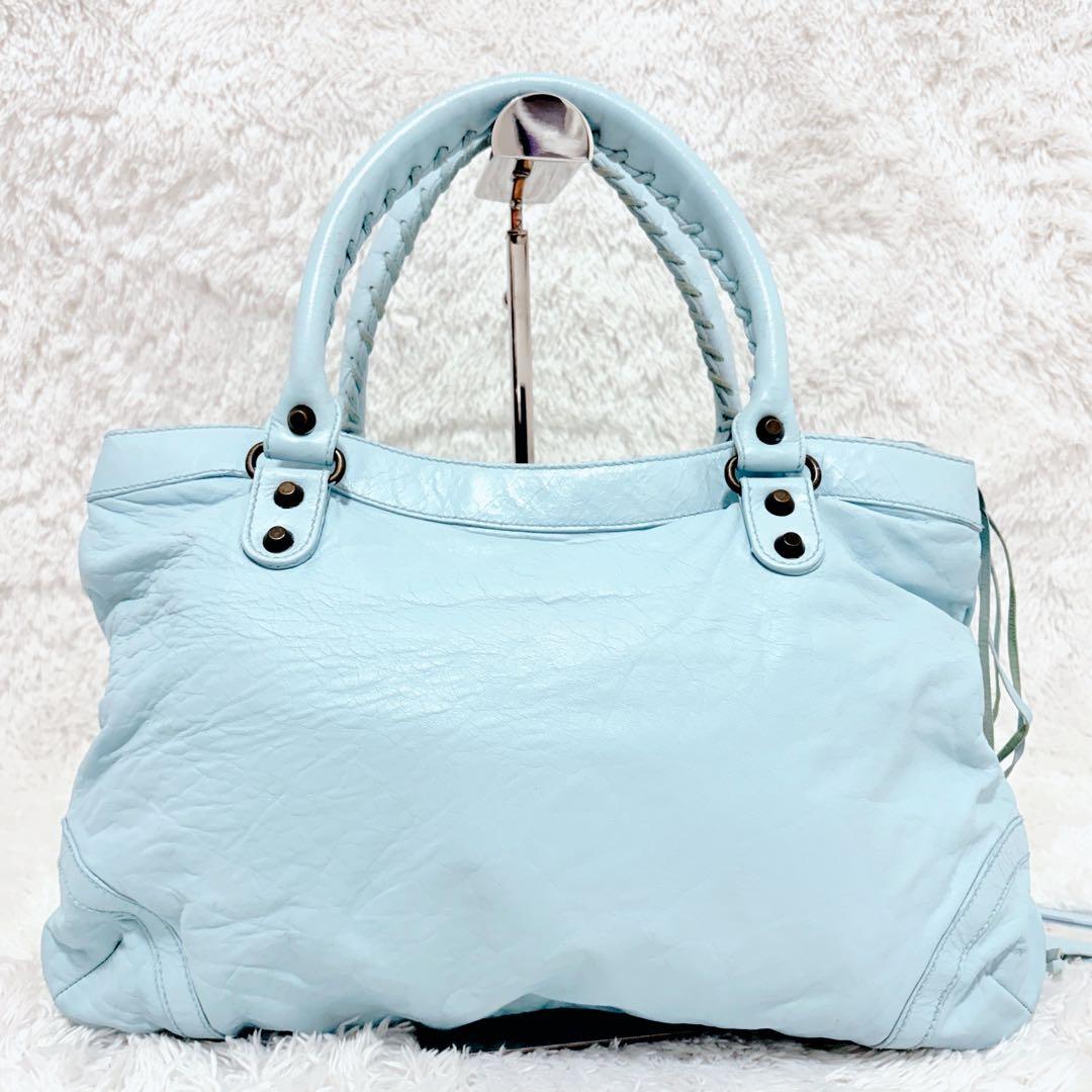 BALENCIAGA クラシックシティ ライトブルー レザー ハンドバッグ 鏡付