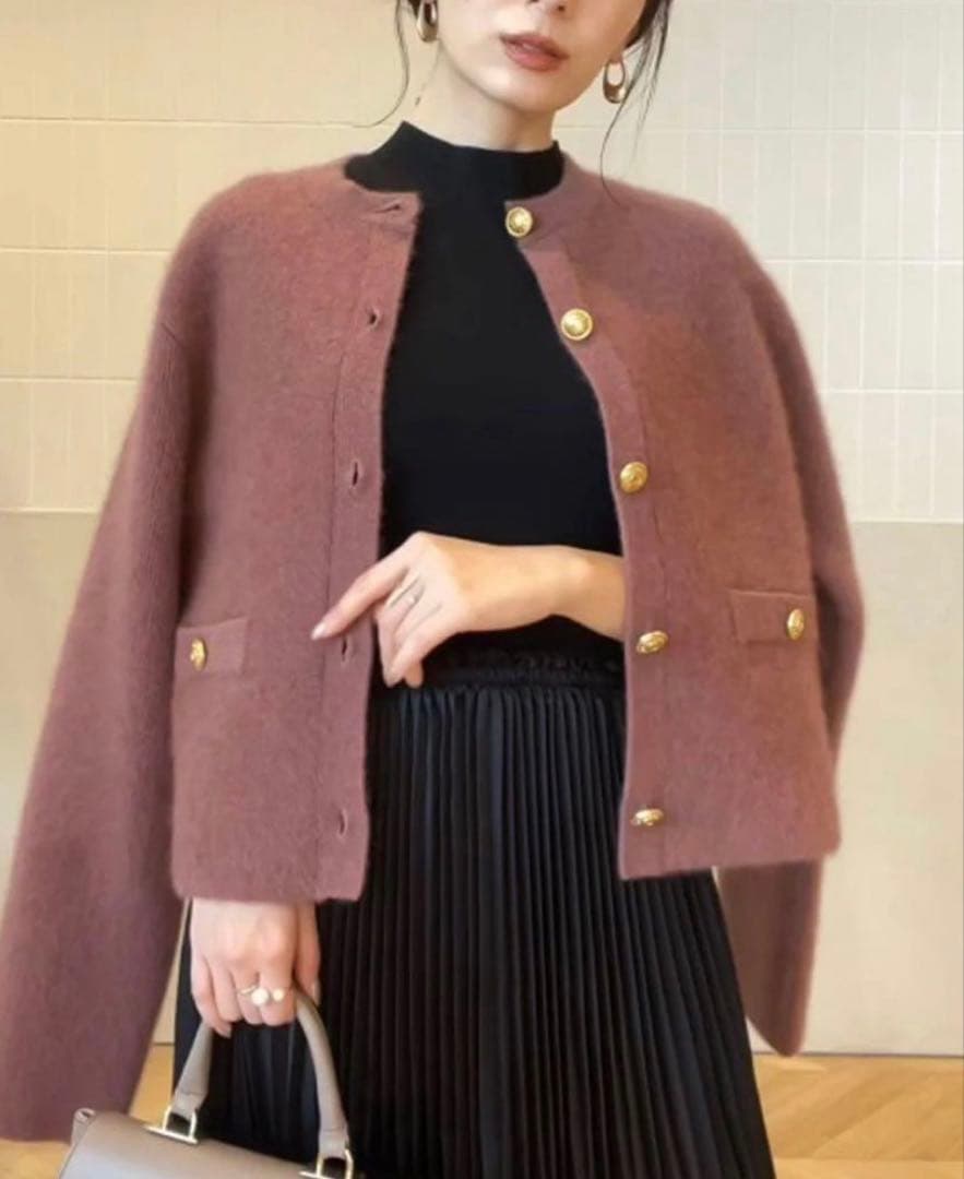 anuans ラクーンブレンドノーカラーニットジャケット