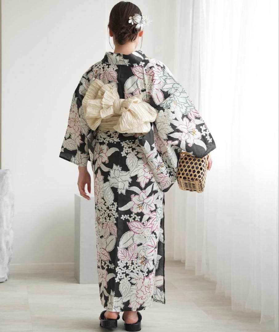 utatane ウタタネ 浴衣 帯 下駄 3点セット ダークネイビー 百合 芍薬