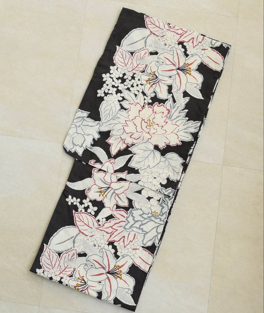 utatane ウタタネ 浴衣 帯 下駄 3点セット ダークネイビー 百合 芍薬