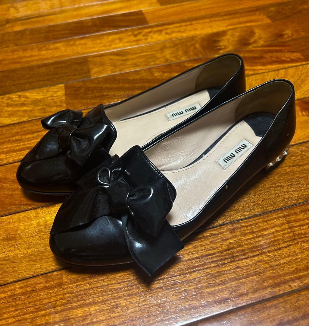 miu miu ブラック リボン フラットシューズ