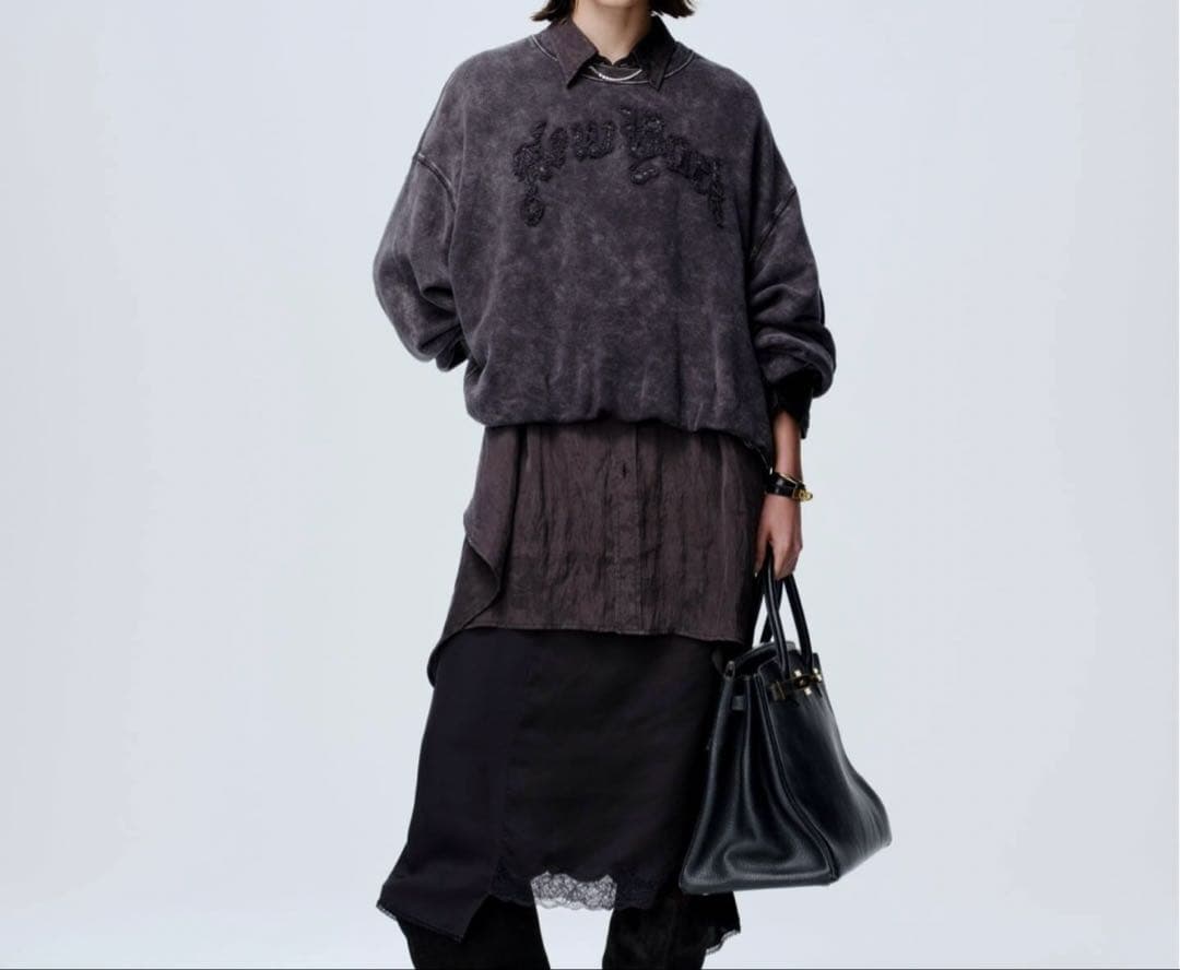 R13ユーズド加工スウェットNew Yorkバルーンクルーネック黒系M