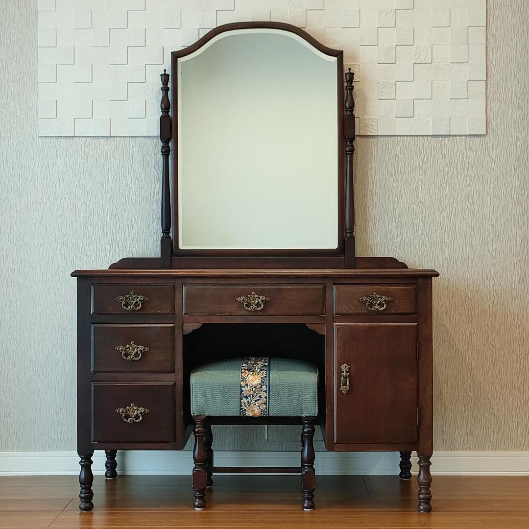 アンティーク　鏡台　スツール　セット品　 引出し７杯　ろくろ脚