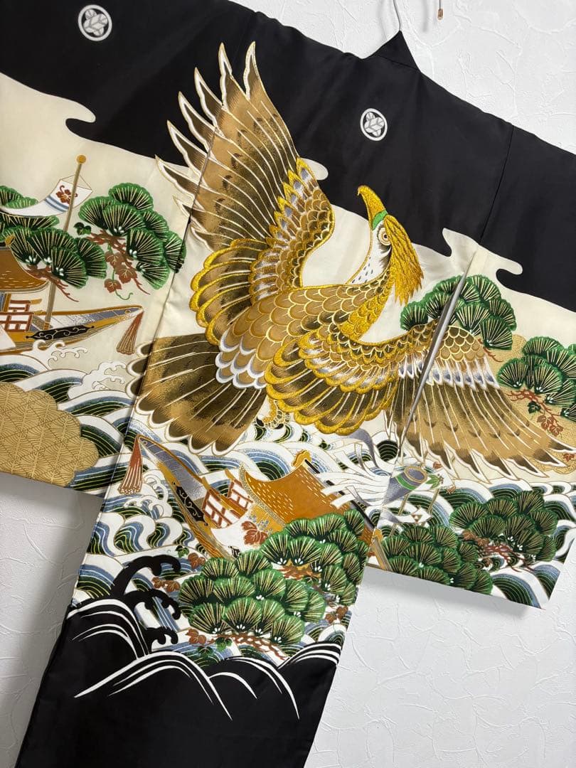 【美品 未使用】お宮参り 着物 男の子 鷹 金刺繍 初着 産着 祝い着 七五三