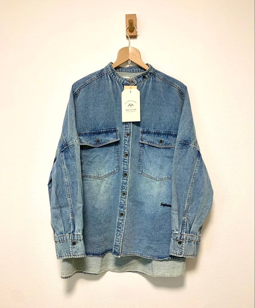 【タグ付美品】pual ce cin ヴィンテージライクデニムバンドカラーシャツ