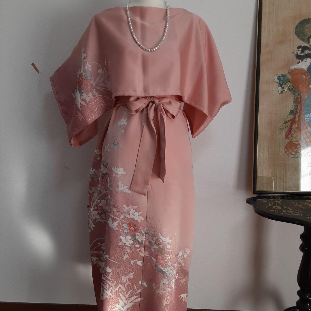 お値下げ…リメイク着物ロングワンピースボレロ付きＬ正絹