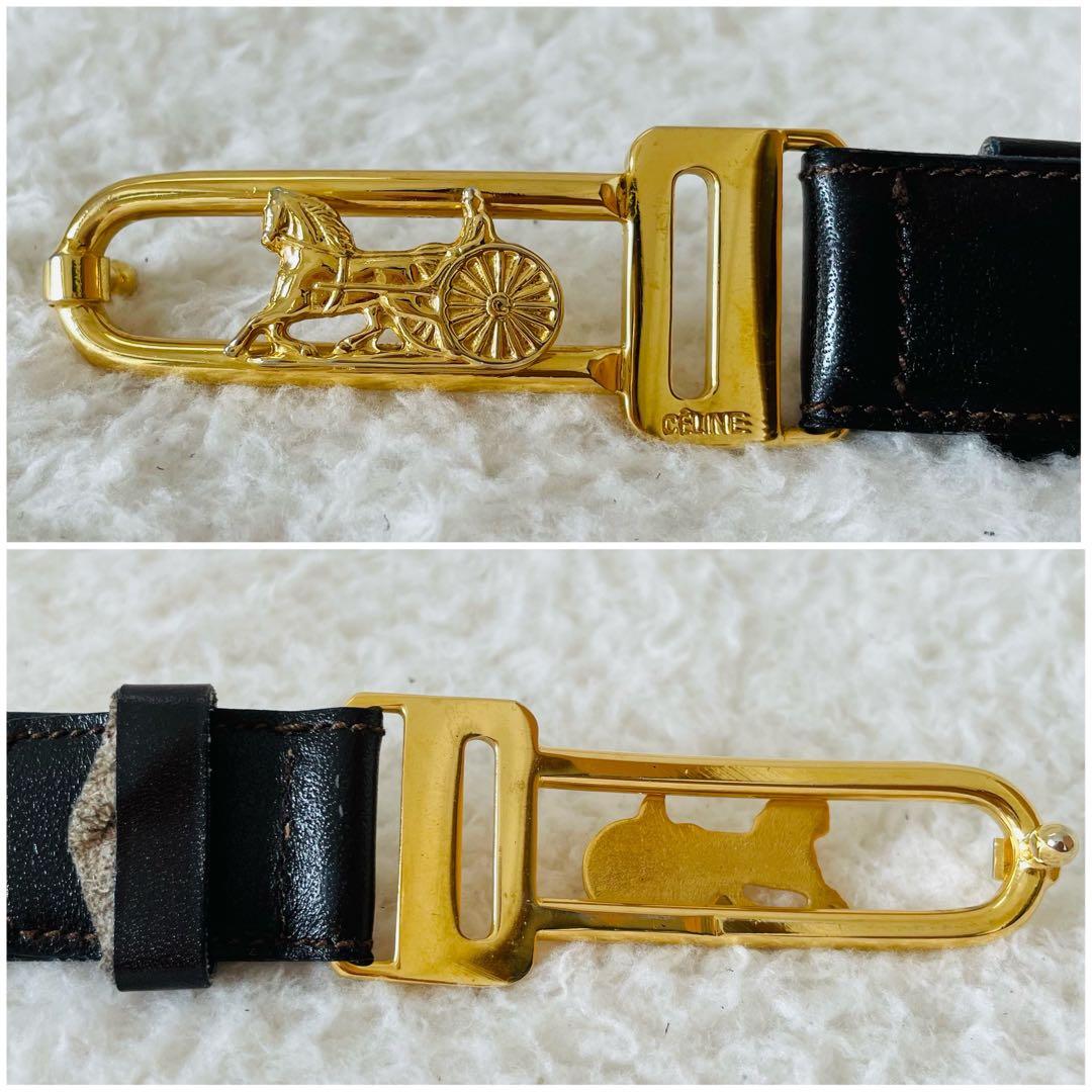 CELINE ベルト 65 こげ茶 ゴールド レディース レザーベルト 馬車金具