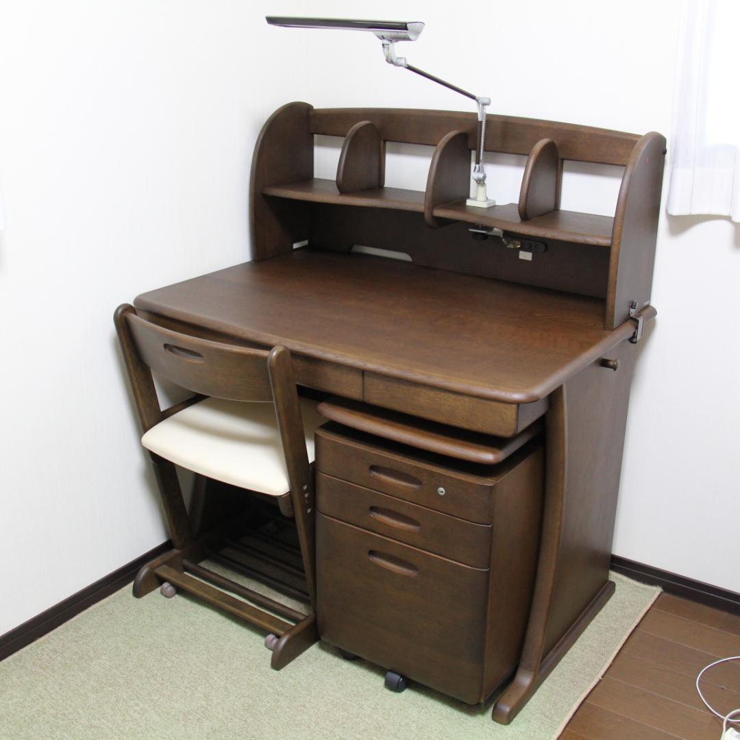 【美品】カリモク学習机（机・本棚＆ライト・椅子・ワゴン）4点セット①