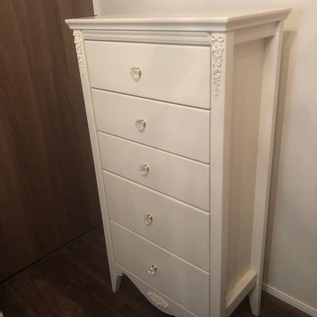 ホワイト 5段チェスト 木製 装飾付き