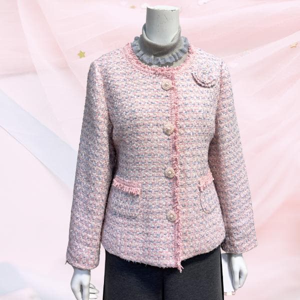 ピンク ツイード 丸首 ジャケット 長袖 花型 ブローチ付き スーパービューティ