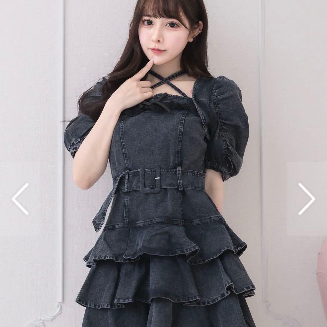 pium デニムワンピース　ティアードフリルミニワンピース