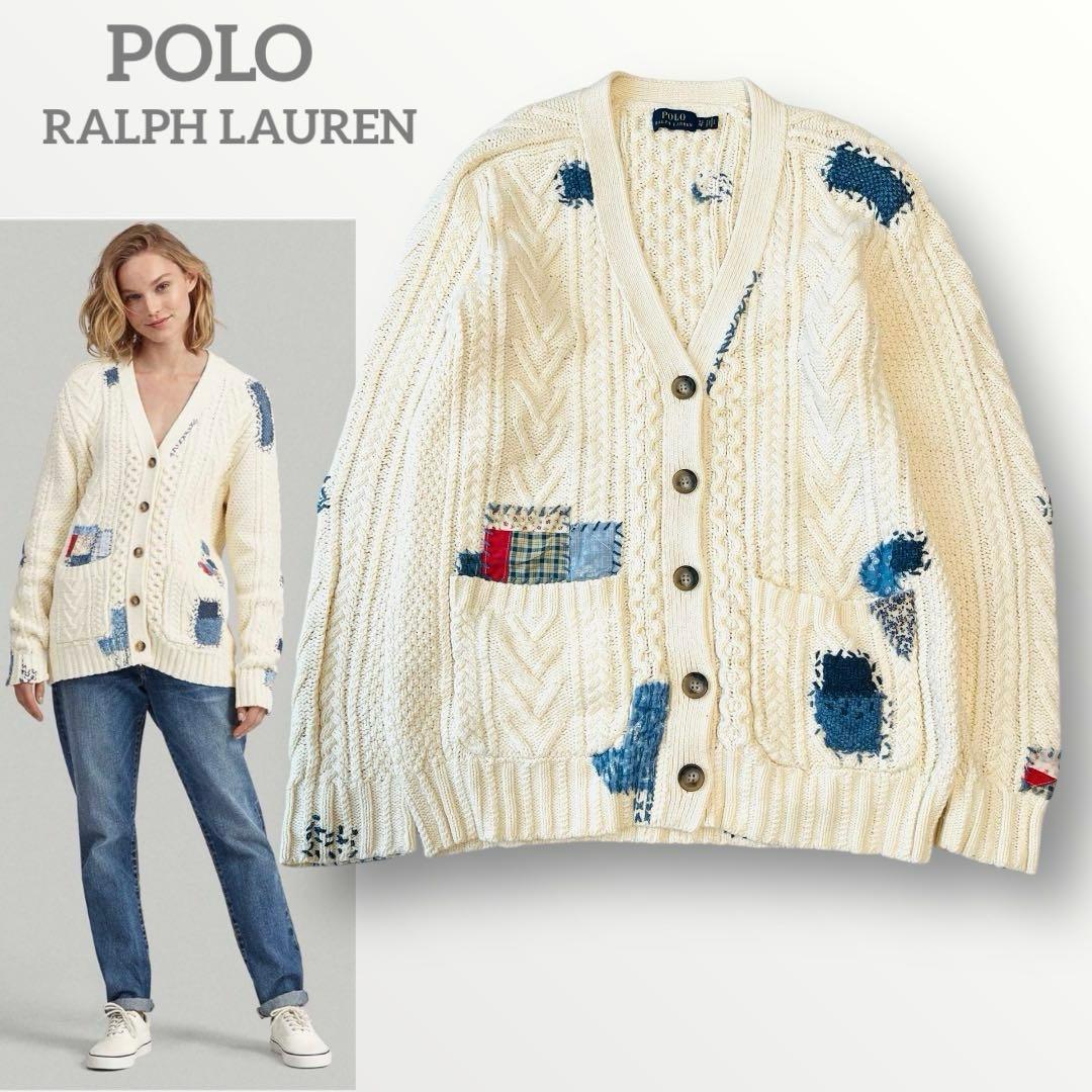ポロラルフローレン コットン レザー エルボーパッチ パッチワーク カーディガン