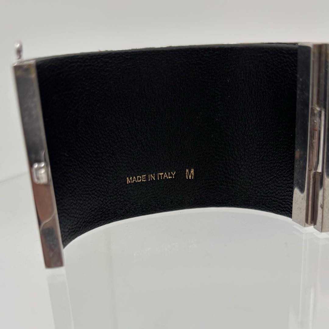 セリーヌ マンシェット レザー ワイド ブレスレット シルバー M