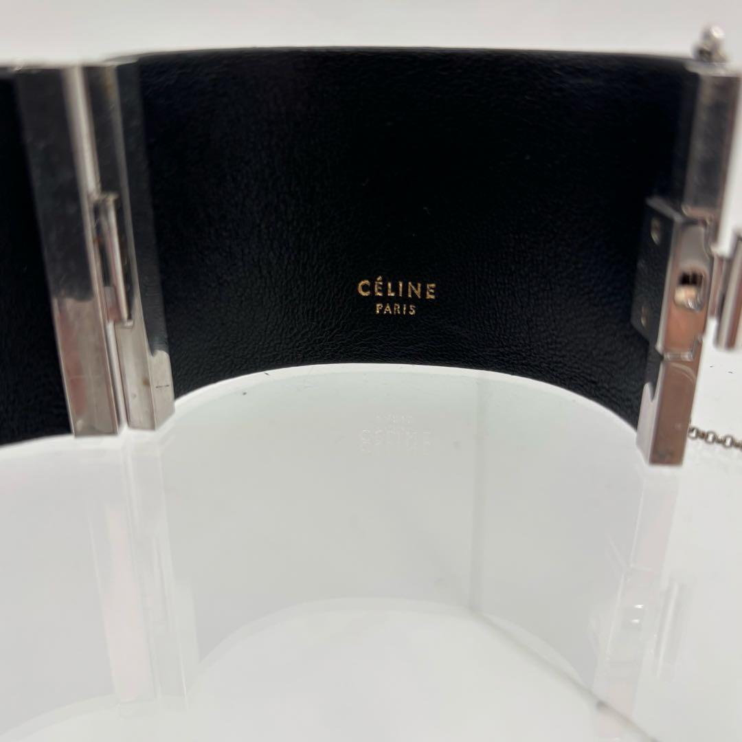 セリーヌ マンシェット レザー ワイド ブレスレット シルバー M