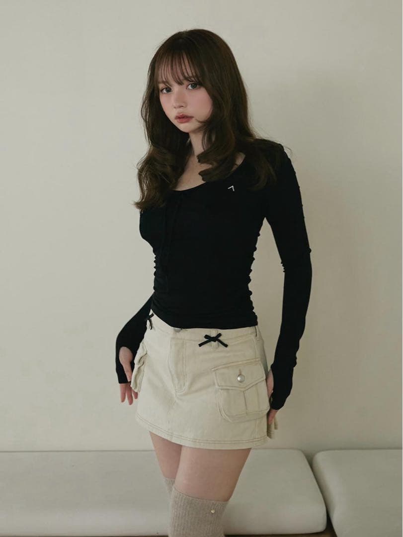 ANDMARY Baby ribbon mini skirt ベージュ M