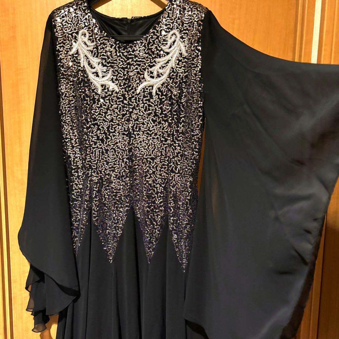 スパンコール刺繍付き ブラック ロングドレス カラオケ衣装 シフォン生地