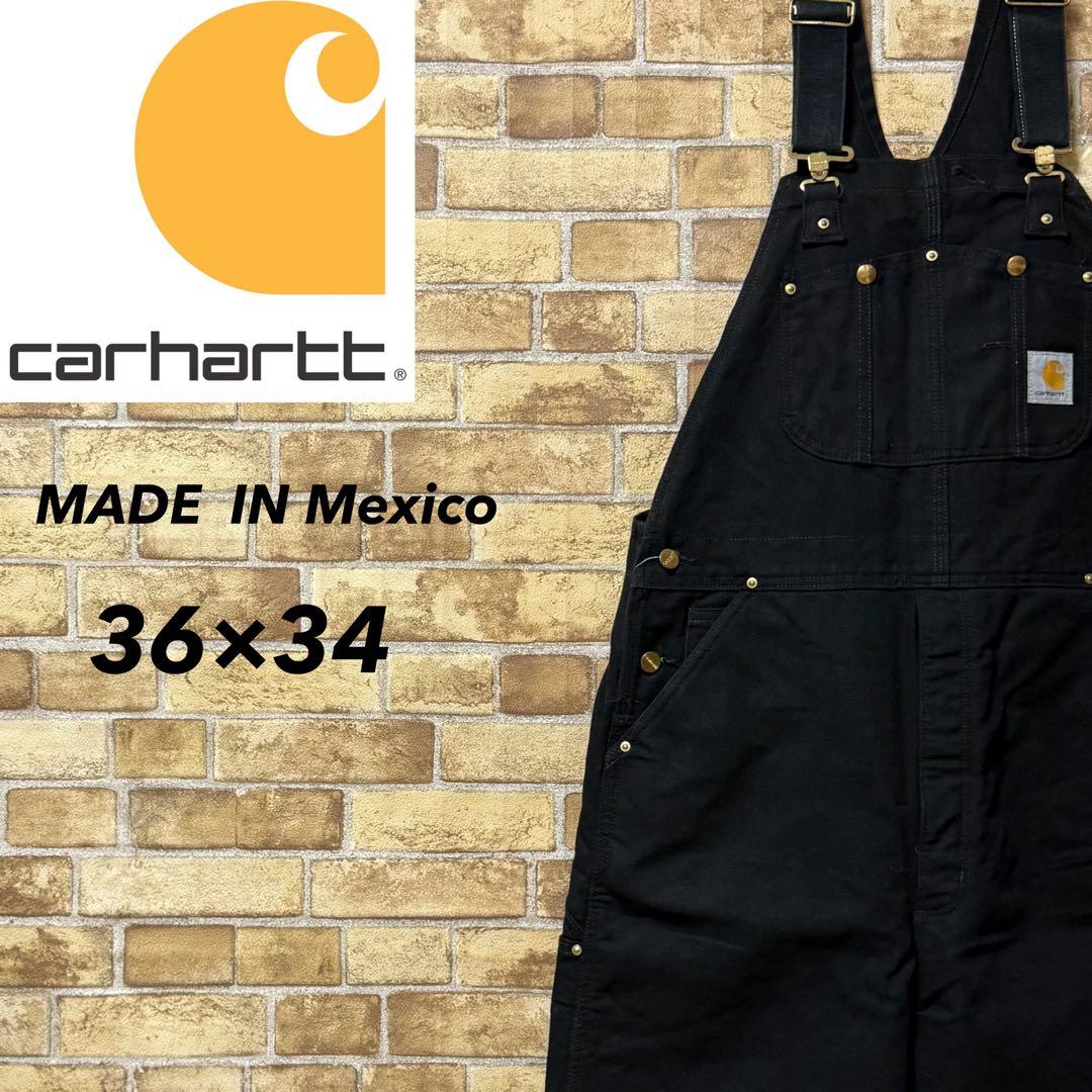 カーハート　メキシコ製　ダック地　オーバーオール　ダブルニー　黒　36/34.