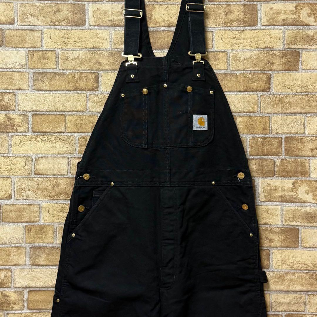 カーハート　メキシコ製　ダック地　オーバーオール　ダブルニー　黒　36/34.