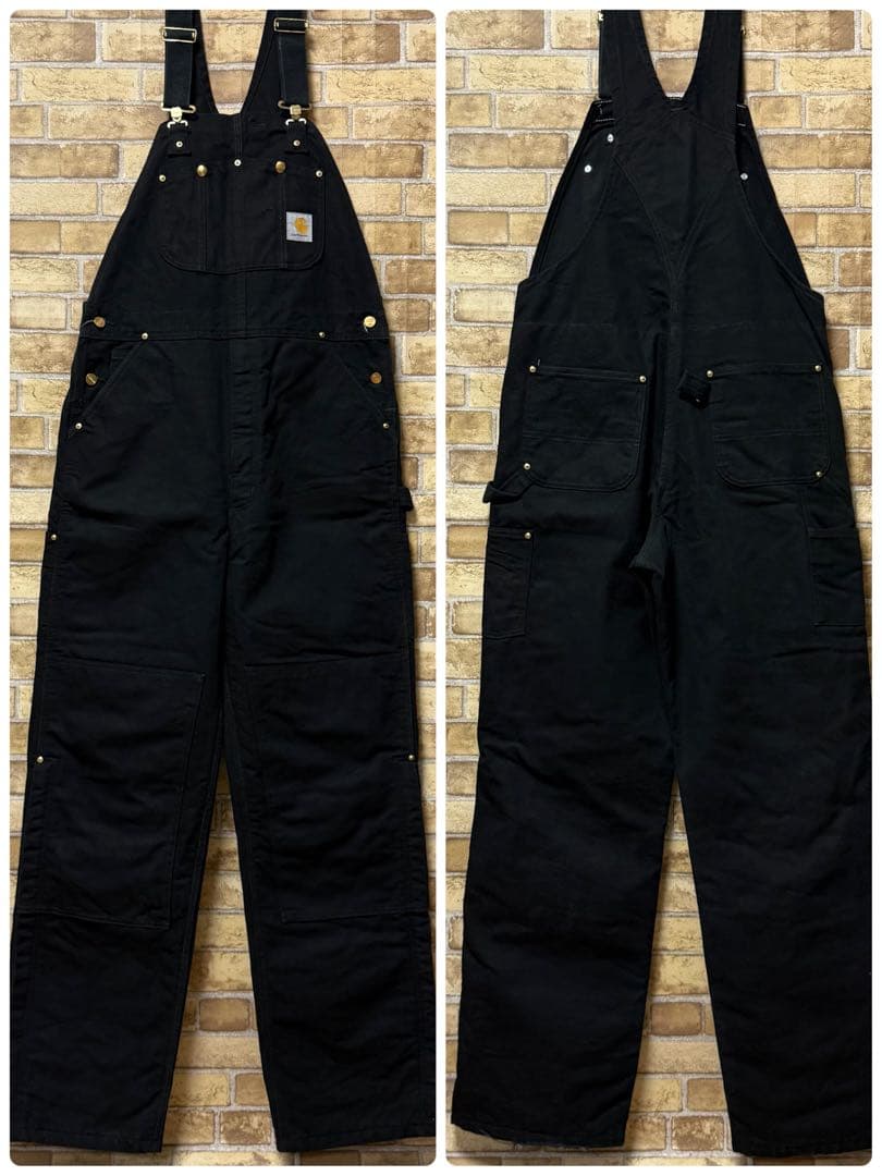 カーハート　メキシコ製　ダック地　オーバーオール　ダブルニー　黒　36/34.