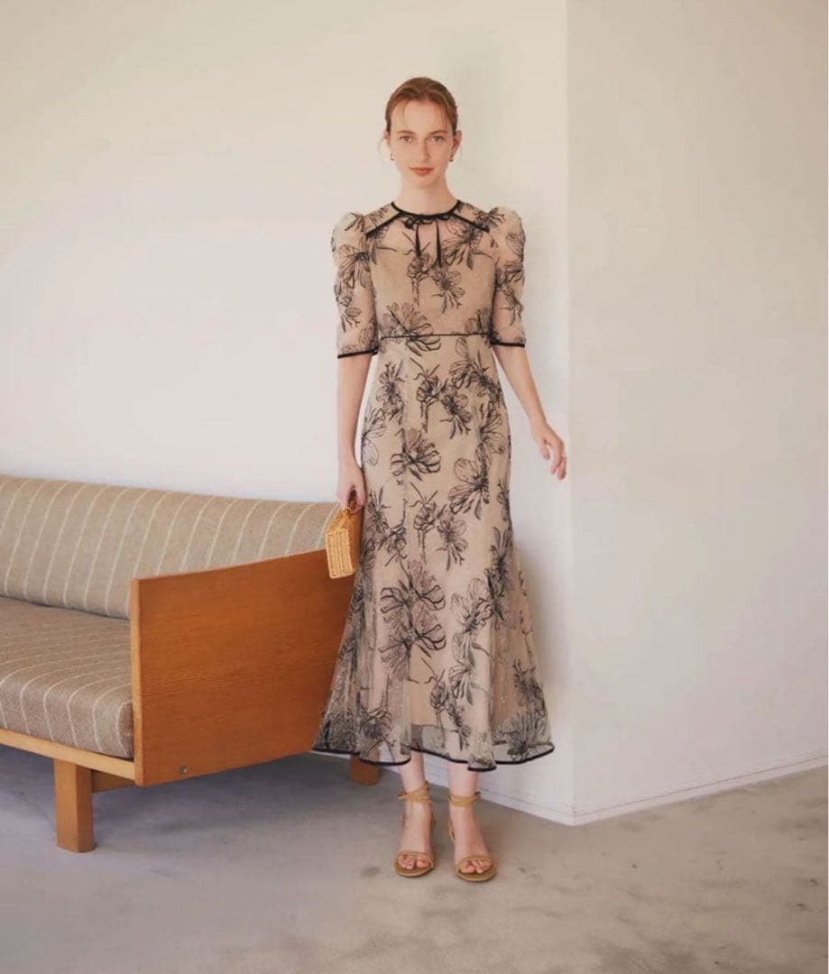 Leja 花柄リボンパフスリーブマーメイドワンピースドレス