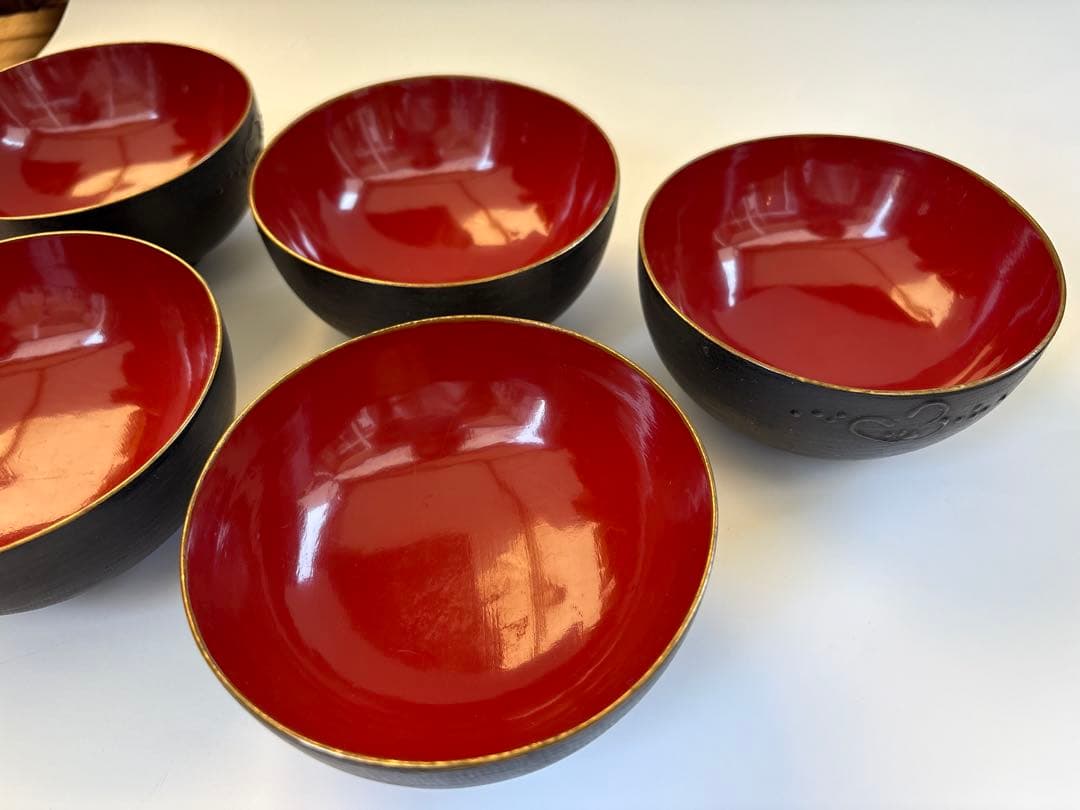 明治、大正期　会津塗　鉄錆塗　蒔絵　富士山　木製　蓋付き　お椀　梅鶯　内朱　5客