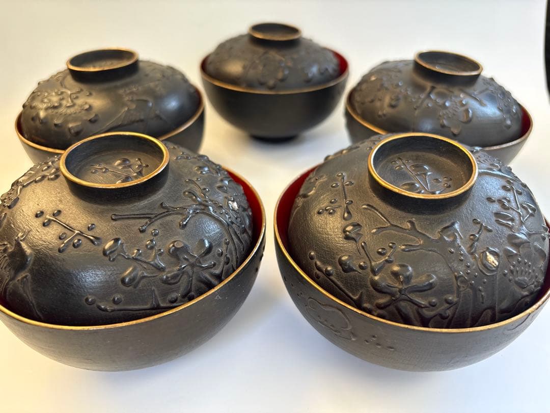 明治、大正期　会津塗　鉄錆塗　蒔絵　富士山　木製　蓋付き　お椀　梅鶯　内朱　5客