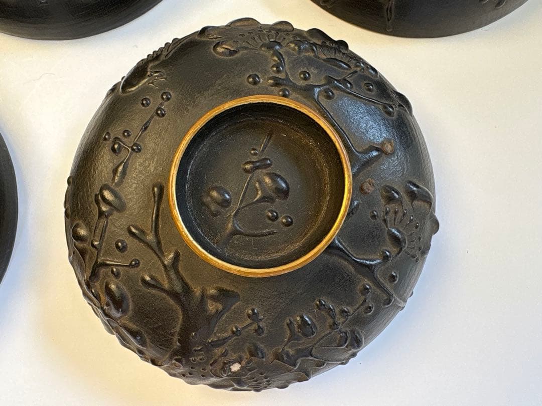 明治、大正期　会津塗　鉄錆塗　蒔絵　富士山　木製　蓋付き　お椀　梅鶯　内朱　5客