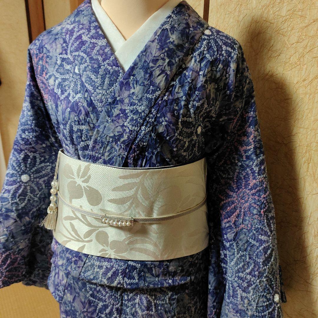 有松鳴海絞り　浴衣　トールサイズ　 お花柄　青〜紫　ピンク白　しつけ付　期間限定