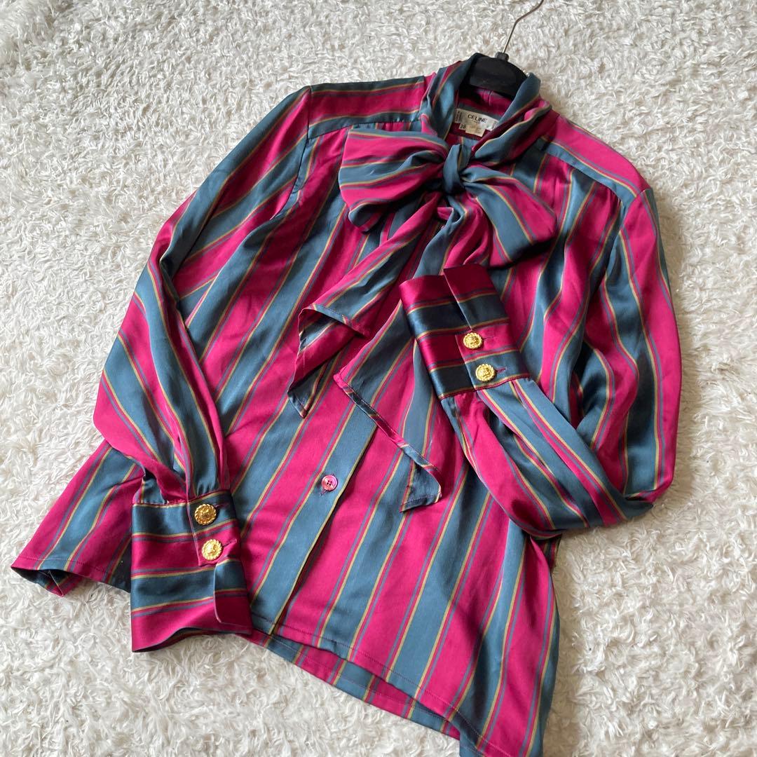 希少✨シルク100%セリーヌ　トリンオンフ金ボタン　ボウタイストライプ柄ブラウス